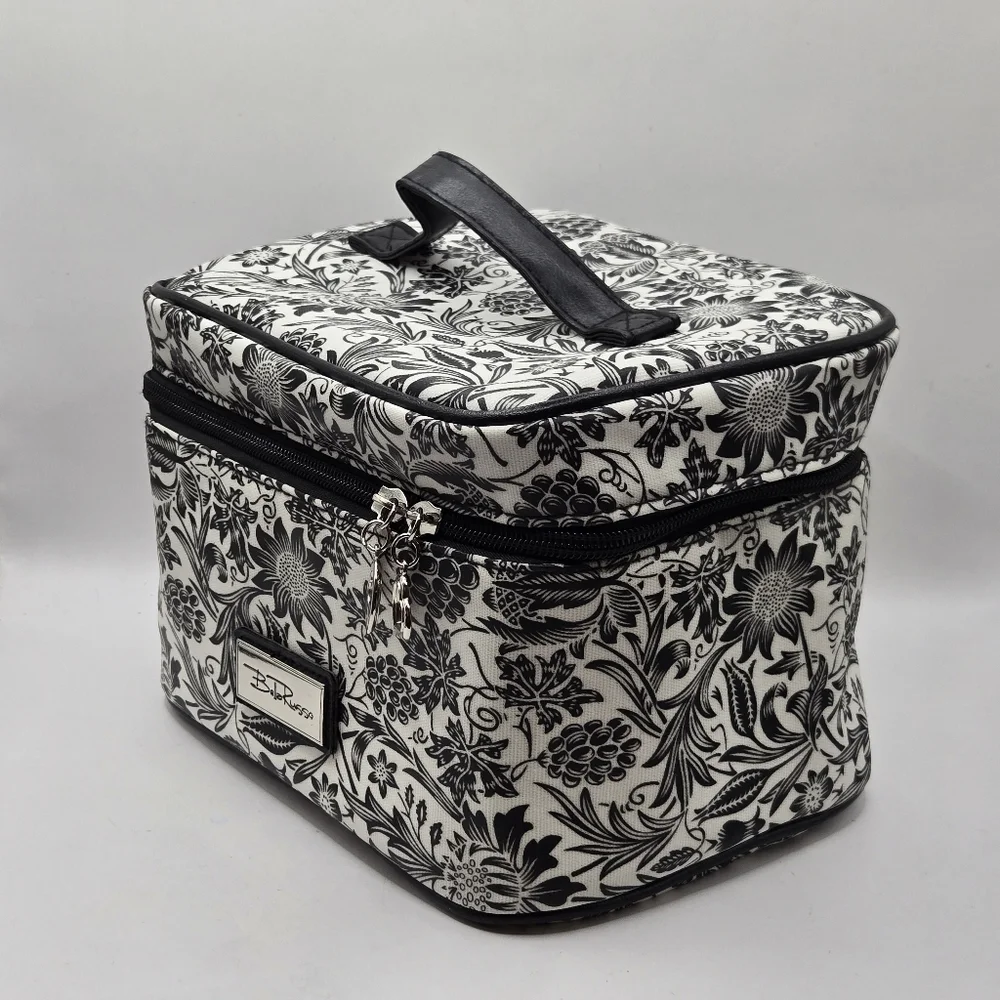 Bella Russo Makeup Bag Black & White Floral Design Zipper Closure Top Handle